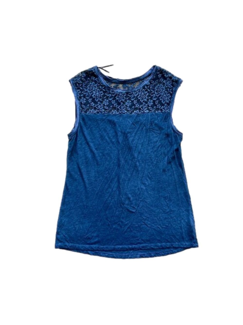 Blue Cotton and Lace Short Sleeved Blouse Tank, Size Large - Picture 2 of 8